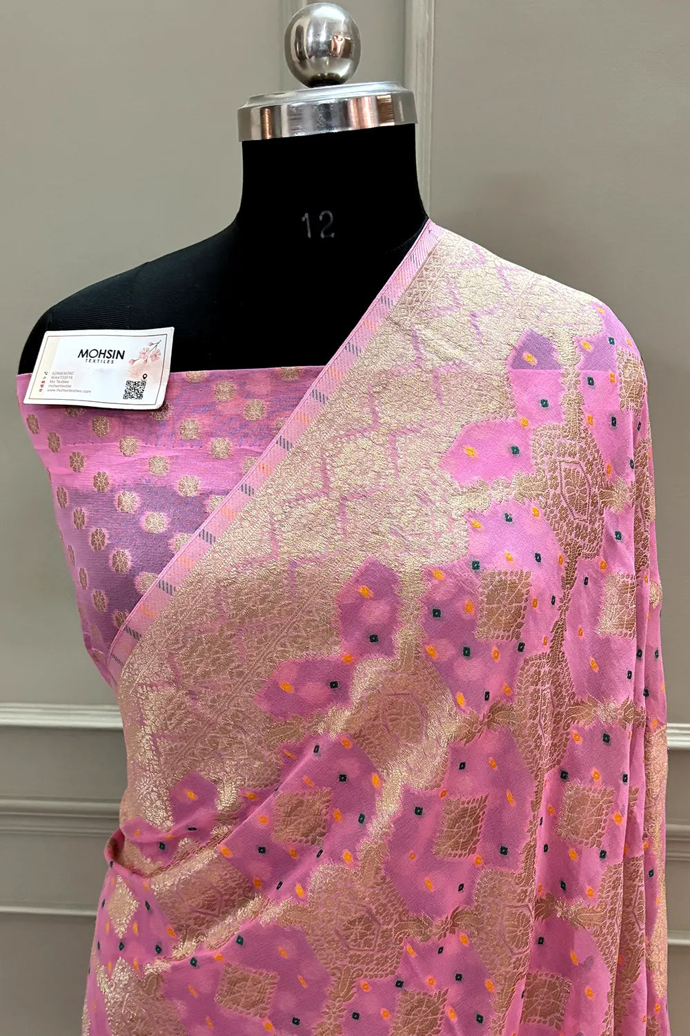 Baby Pink Bandhej Georgette Silk Banarasi Saree