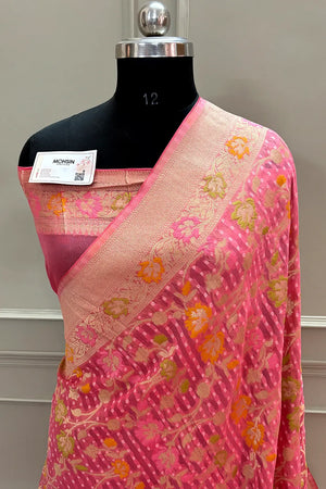 Baby Pink Bandhej Meena Georgette Silk Banarasi Saree