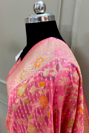 Baby Pink Bandhej Meena Georgette Silk Banarasi Saree