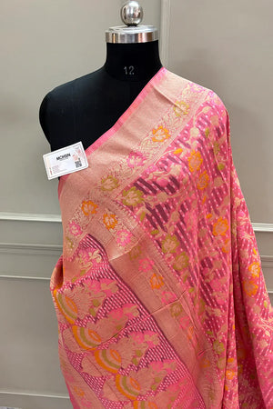 Baby Pink Bandhej Meena Georgette Silk Banarasi Saree
