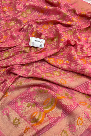 Baby Pink Bandhej Meena Georgette Silk Banarasi Saree