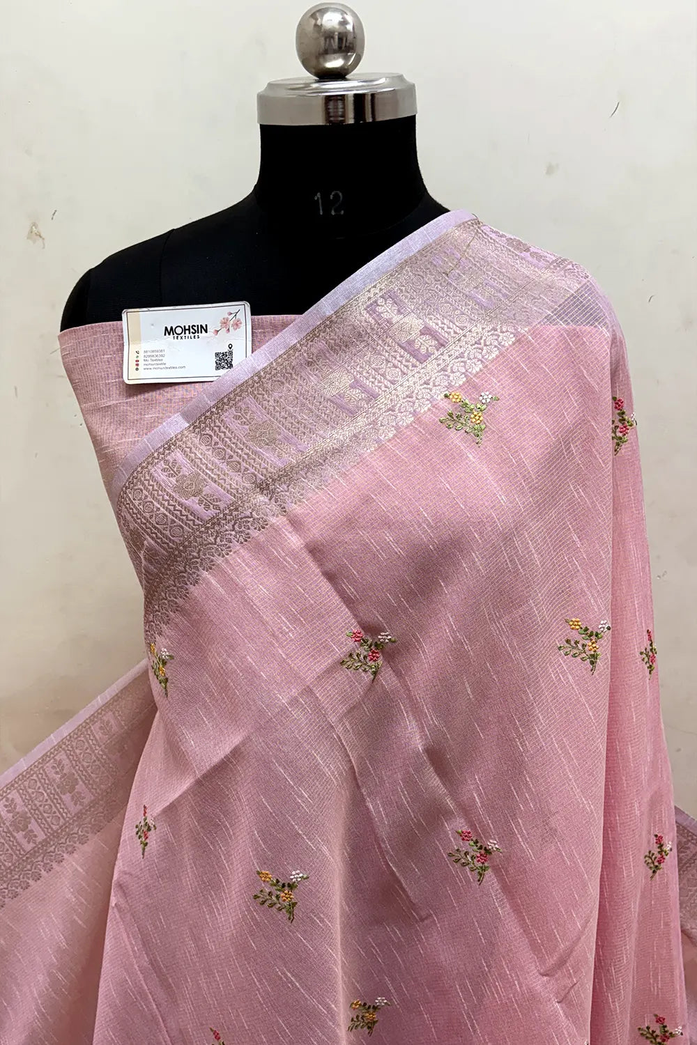 Baby Pink Embroidery Lilen Silk Banarasi Saree