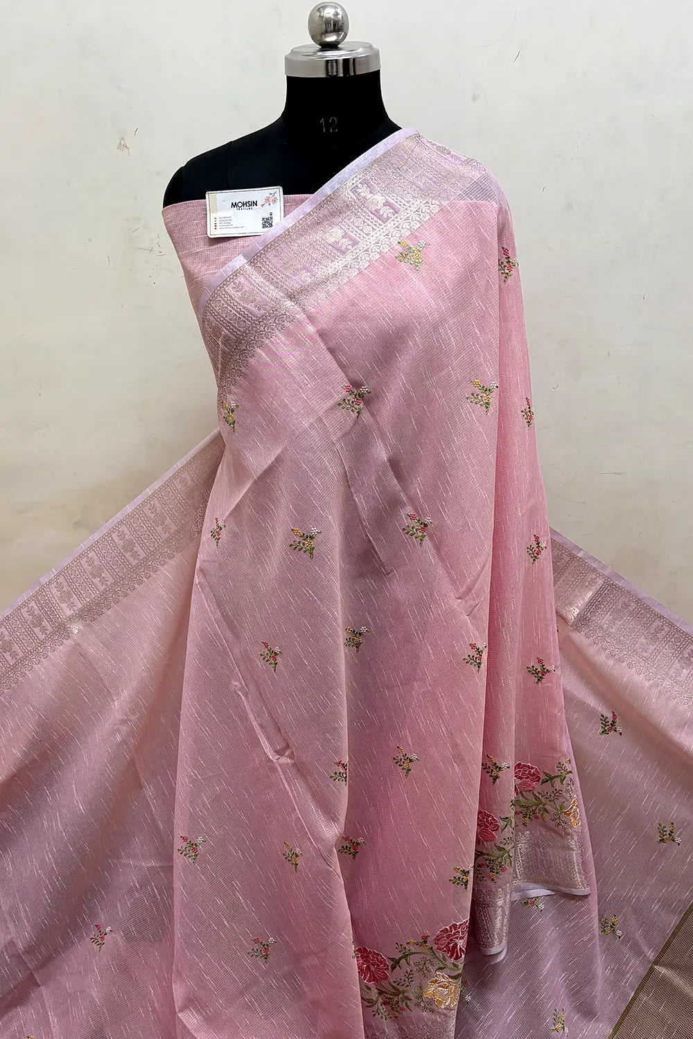 Baby Pink Embroidery Lilen Silk Banarasi Saree