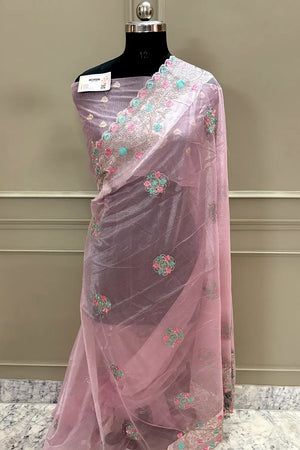 Baby Pink Embroidery Swarovski Brasso Net Saree