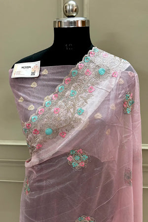 Baby Pink Embroidery Swarovski Brasso Net Saree