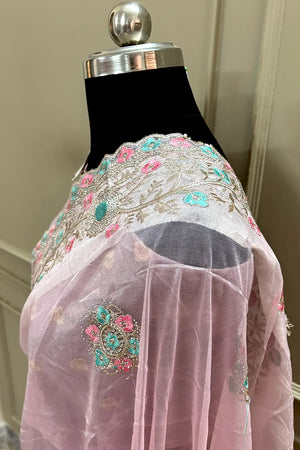 Baby Pink Embroidery Swarovski Brasso Net Saree