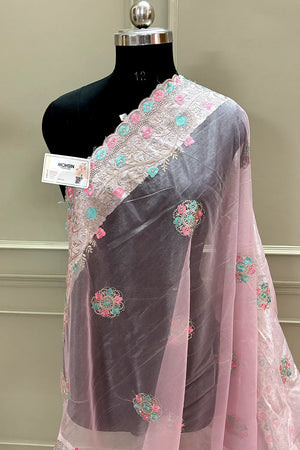 Baby Pink Embroidery Swarovski Brasso Net Saree
