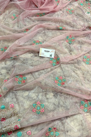 Baby Pink Embroidery Swarovski Brasso Net Saree