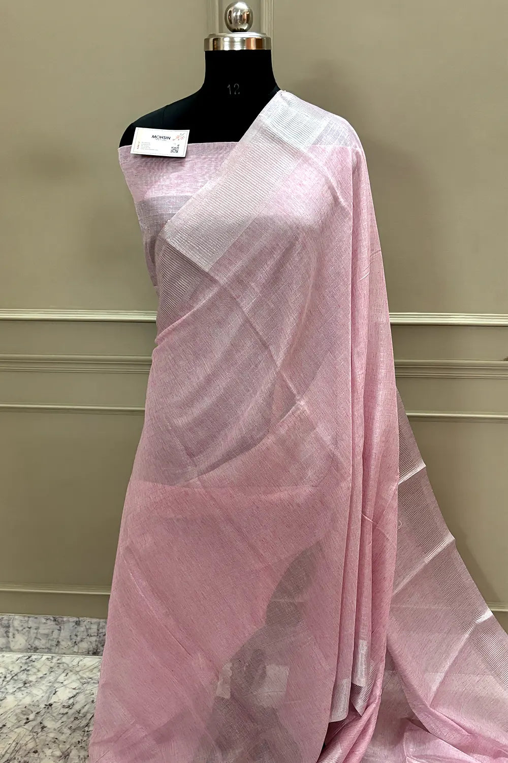 Baby Pink Linen Silk Banarasi Saree