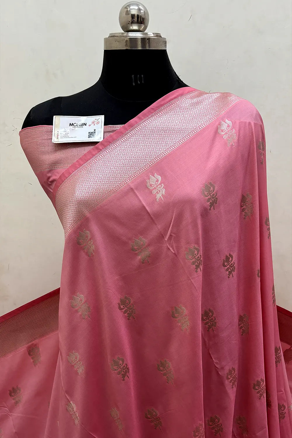 Baby Pink Trishul Ghat Katan Silk Banarasi Saree
