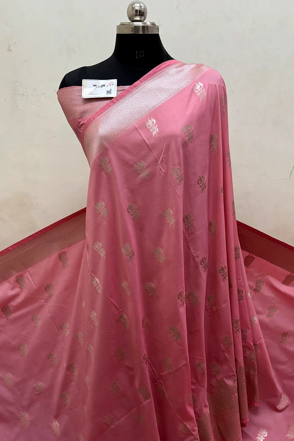 Baby Pink Trishul Ghat Katan Silk Banarasi Saree