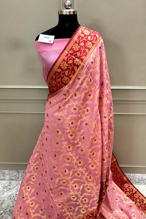 Baby Pink Zari Chanderi Silk Banarasi Saree