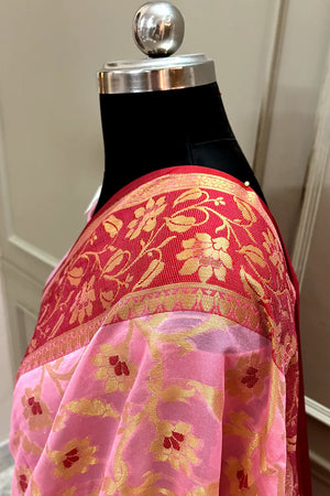 Baby Pink Zari Chanderi Silk Banarasi Saree