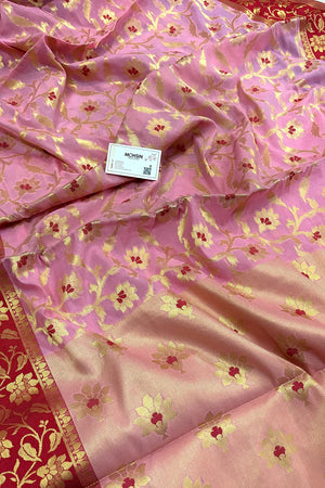 Baby Pink Zari Chanderi Silk Banarasi Saree