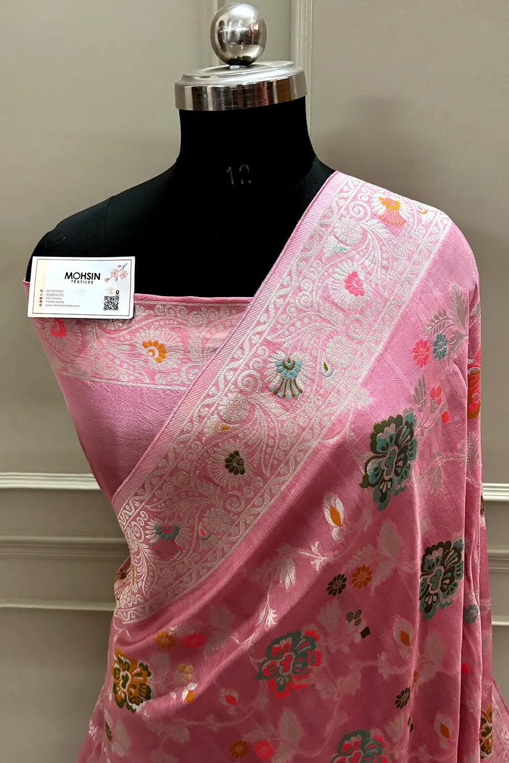Baby Pink Zari Tussar Georgette Silk Banarasi Saree