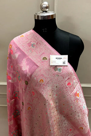 Baby Pink Zari Tussar Georgette Silk Banarasi Saree