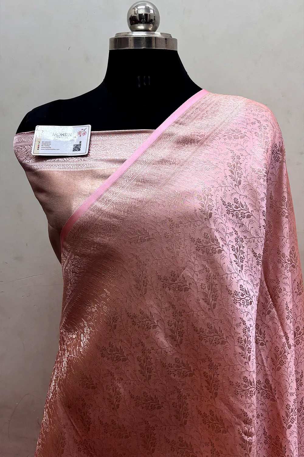 Baby Pink Zari Katan Jamdani Silk Banarasi Saree