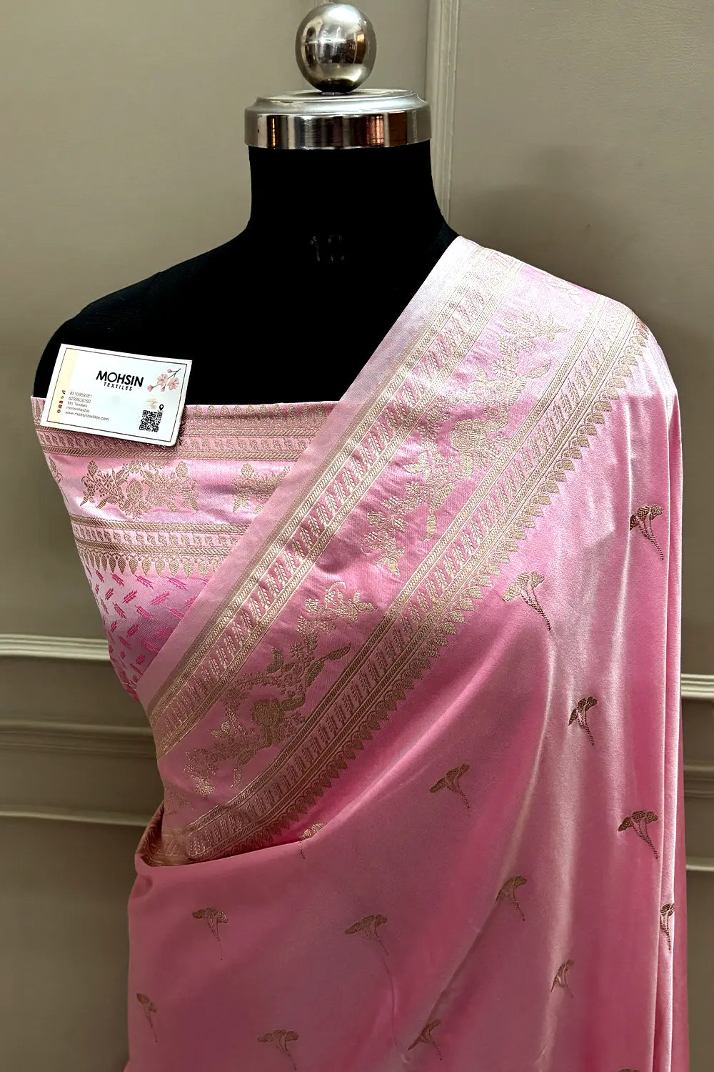 Baby Pink Zari Katan Mashru Silk Banarasi Saree
