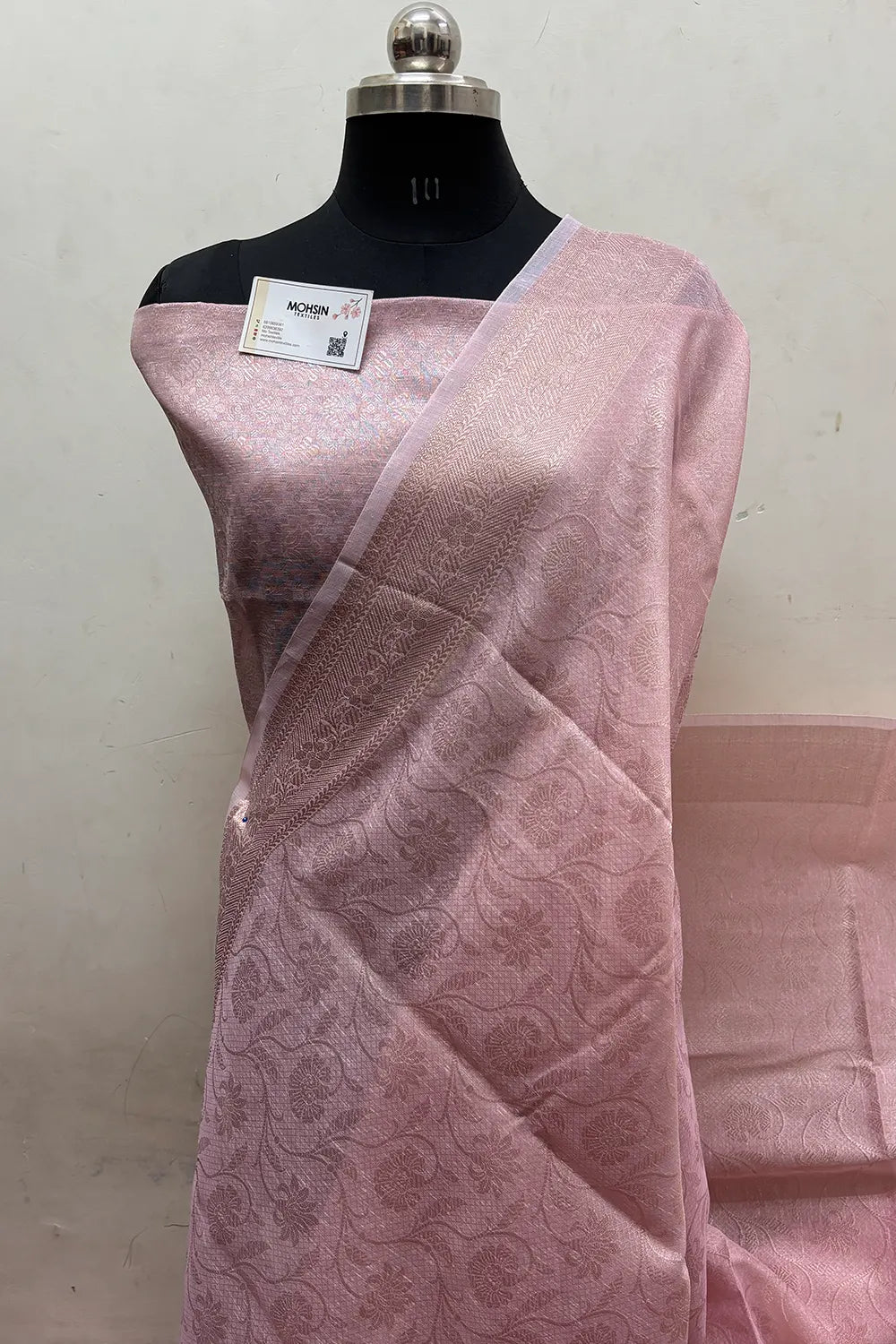 Baby Pink Zari Linen Silk Banarasi Saree
