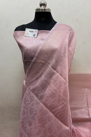 Baby Pink Zari Linen Silk Banarasi Saree