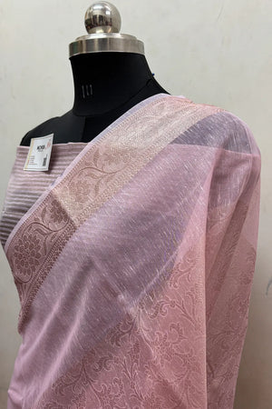 Baby Pink Zari Linen Silk Banarasi Saree