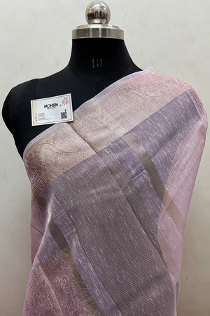 Baby Pink Zari Linen Silk Banarasi Saree