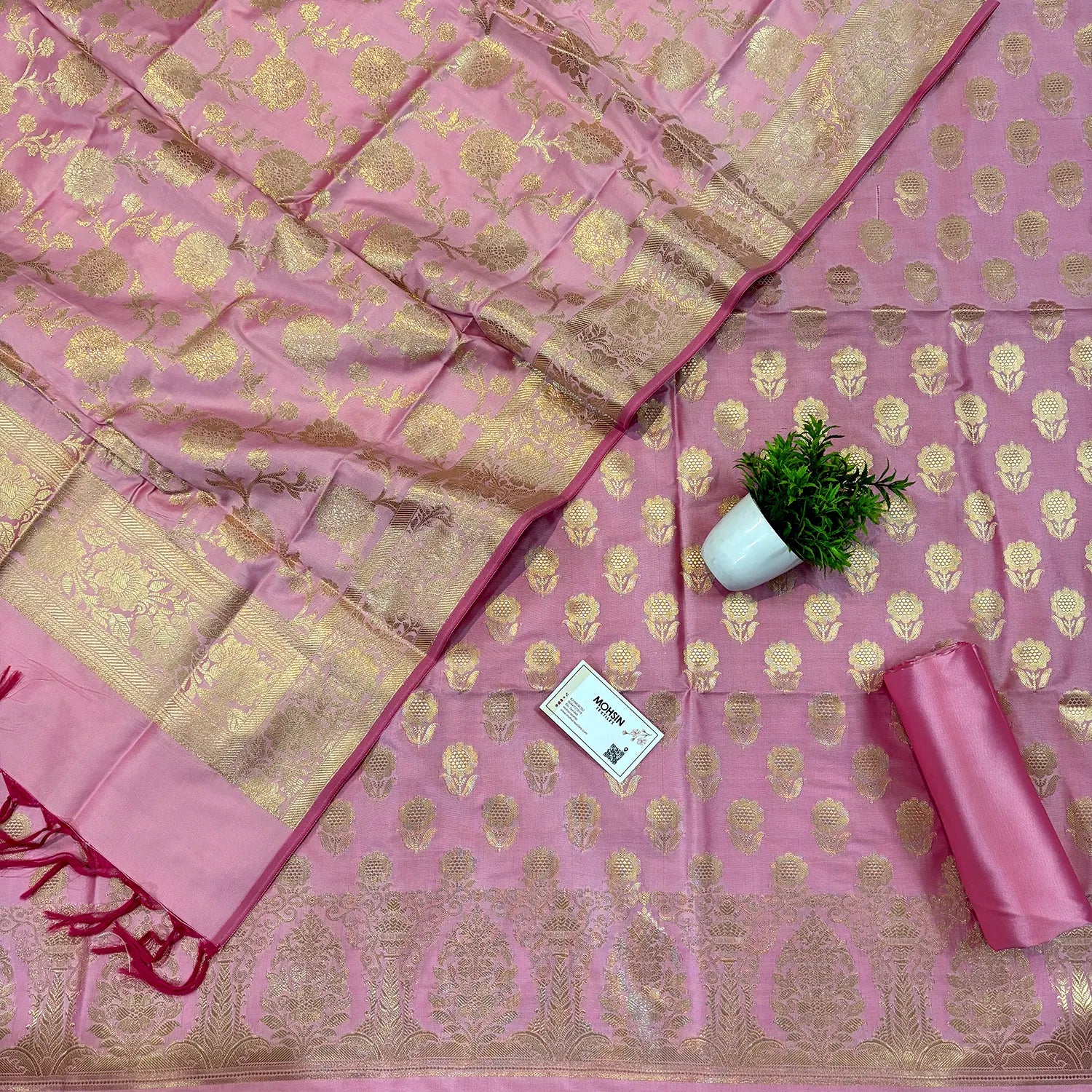 Baby Pink Zari Satin Silk Banarasi Suit