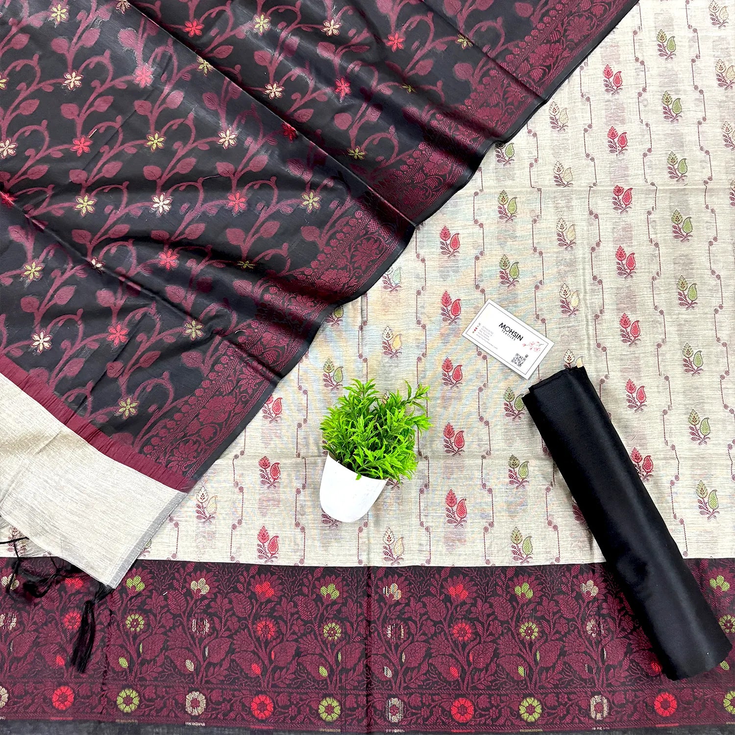 Beige and Black Resham Banarasi Silk Suit