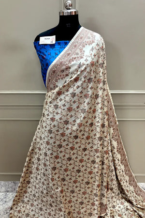 Beige and Blue Resham Silk Banarasi Saree