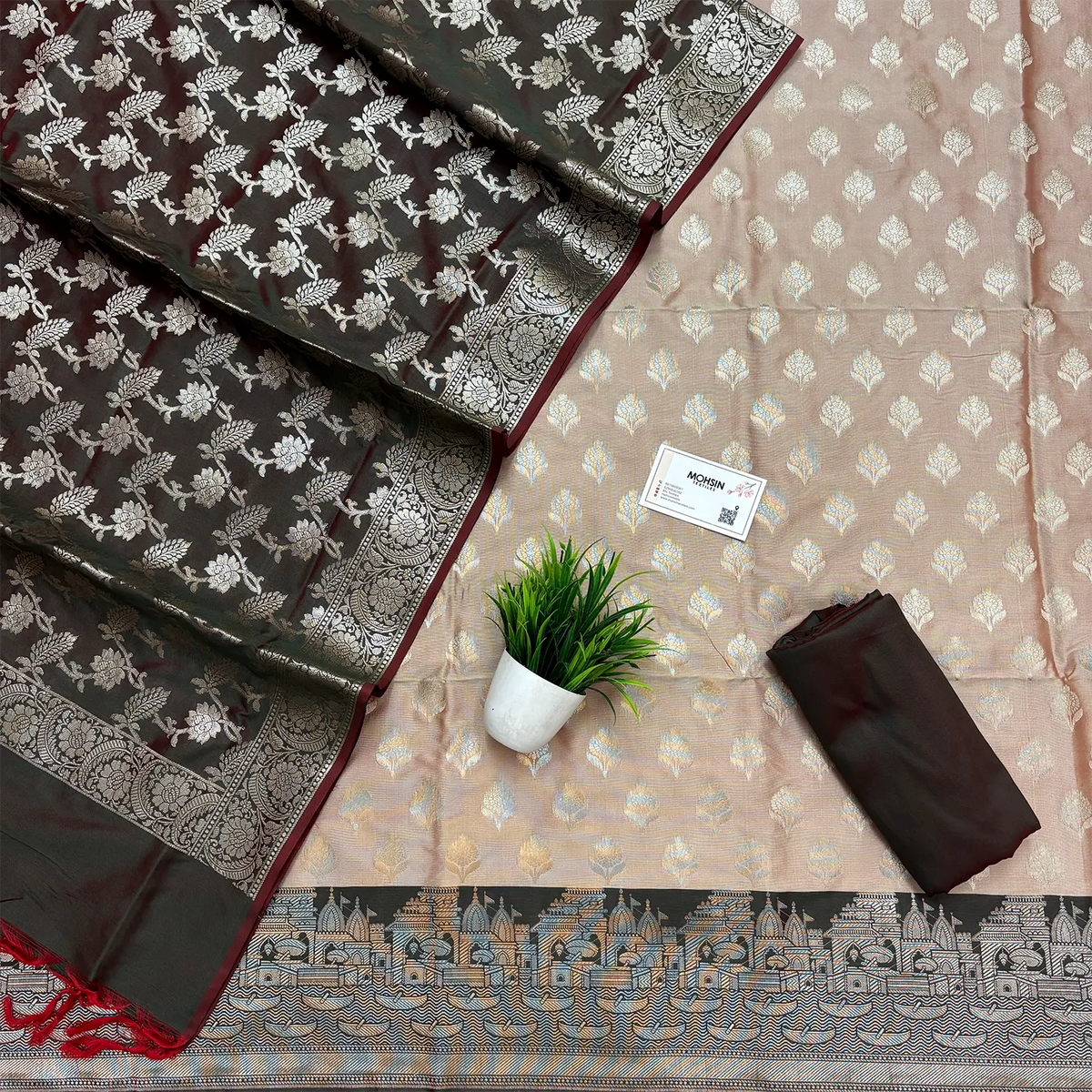 Beige and Bottle Green Ghat Buti Semi Katan Silk Banarasi Suit