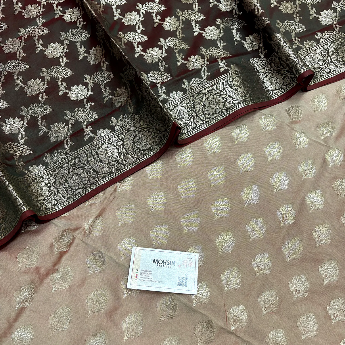 Beige and Bottle Green Ghat Buti Semi Katan Silk Banarasi Suit