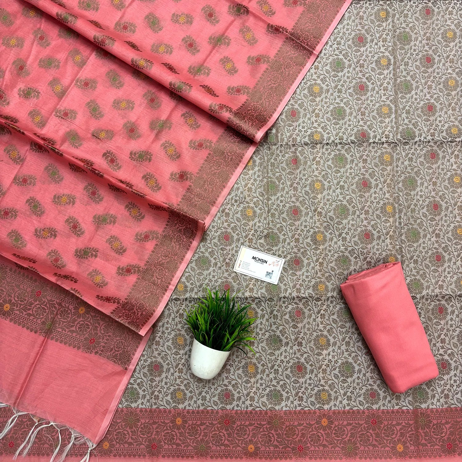 Beige and Dark Peach Resham Banarasi Silk Suit