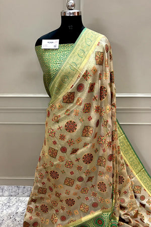 Beige and Green Zari Tissue Silk Banarasi Saree