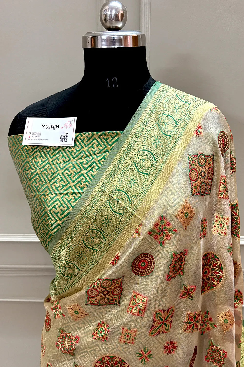 Beige and Green Zari Tissue Silk Banarasi Saree