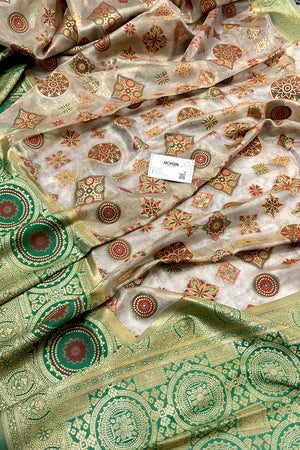 Beige and Green Zari Tissue Silk Banarasi Saree