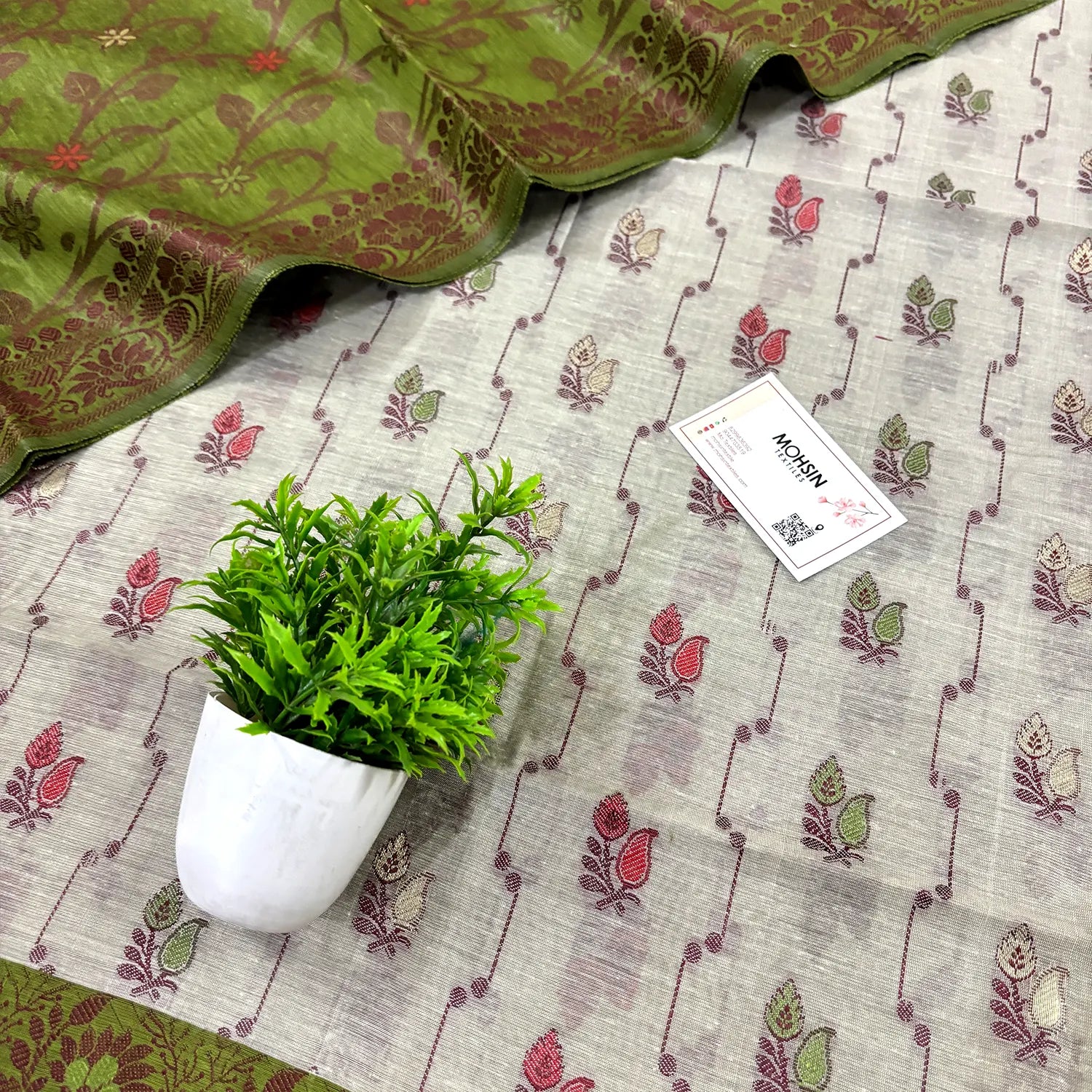 Beige and Mehendi Resham Banarasi Silk Suit