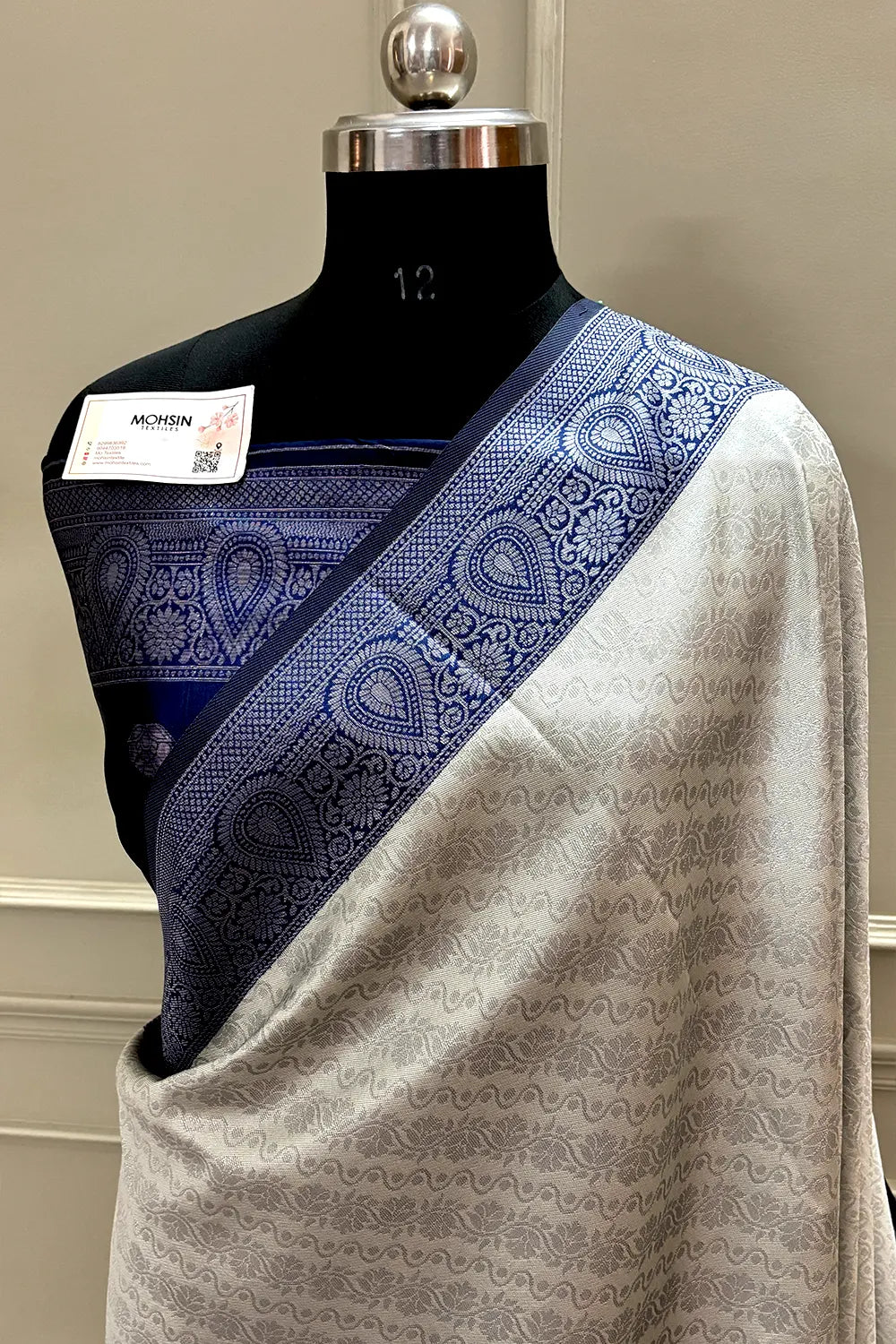 Beige and Navy Blue Resham Zari Banarasi Silk Saree