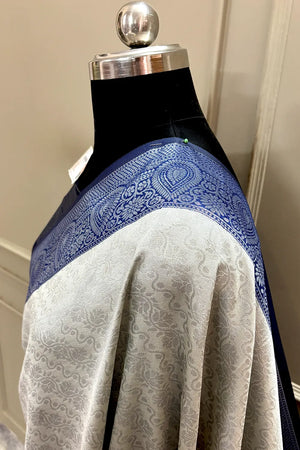 Beige and Navy Blue Resham Zari Banarasi Silk Saree