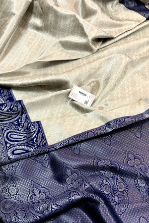 Beige and Navy Blue Resham Zari Banarasi Silk Saree