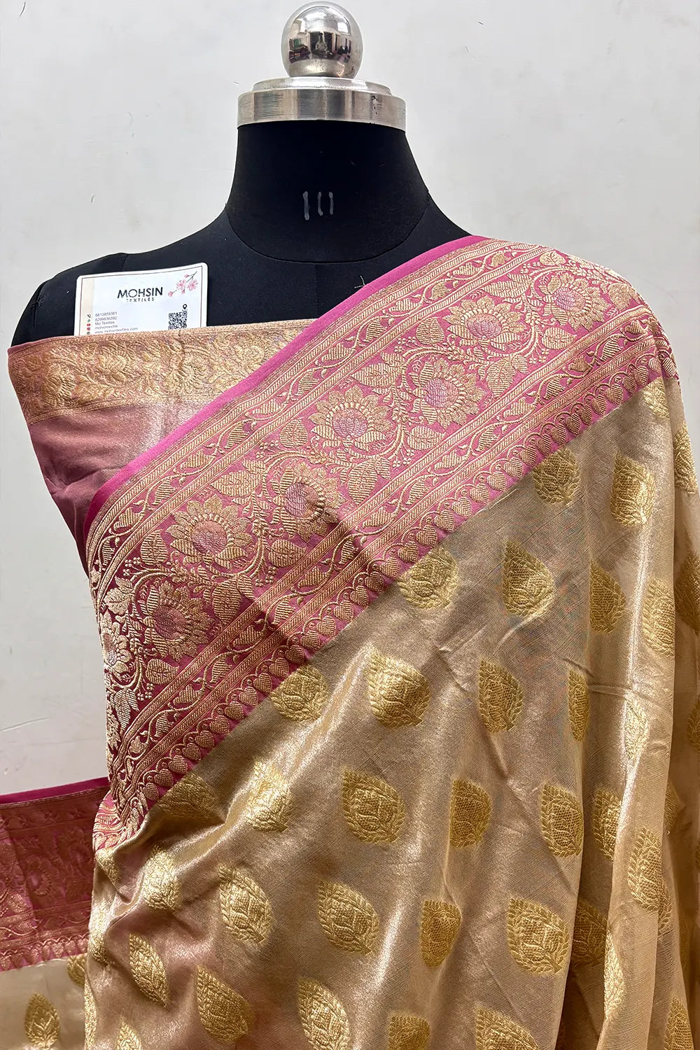 Beige and Onion Pink Organza Silk Banarasi Saree