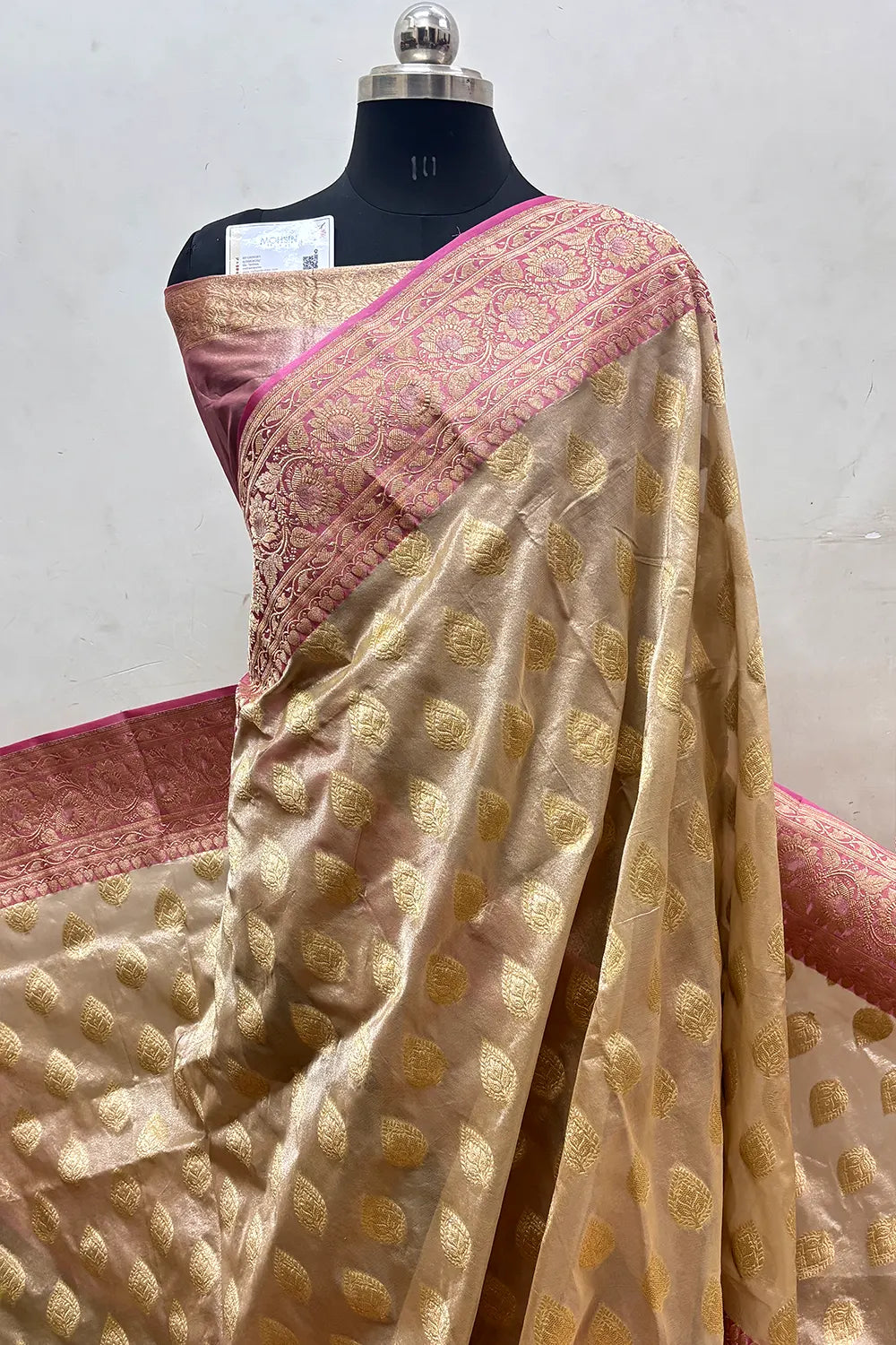 Beige and Onion Pink Organza Silk Banarasi Saree