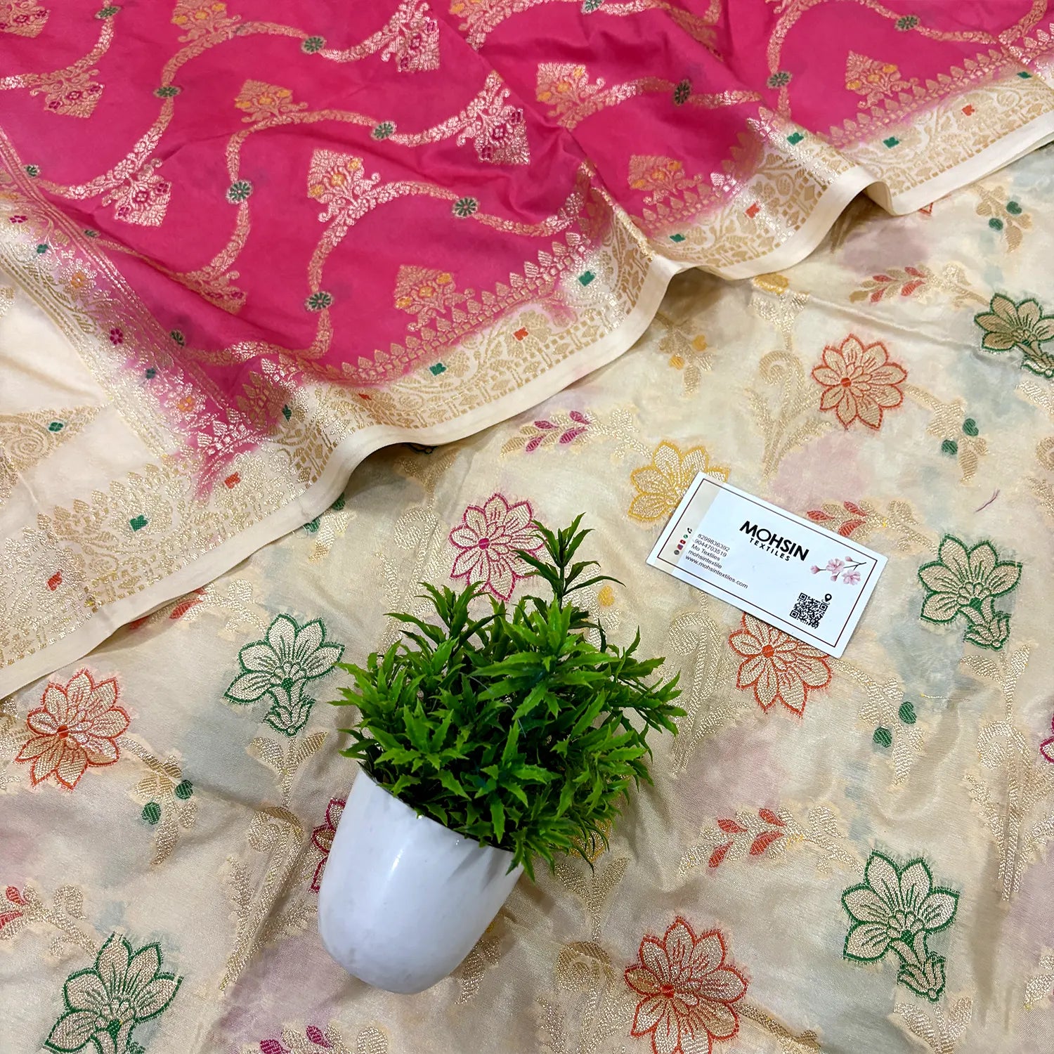 Beige and Peach Zari Katan Silk Banarasi Suit