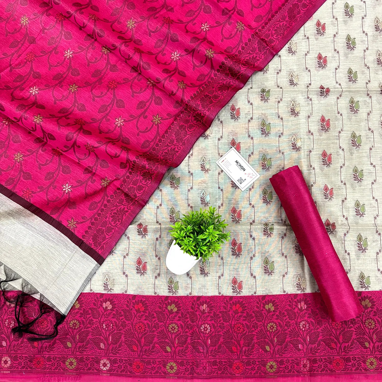 Beige and Pink Resham Banarasi Silk Suit