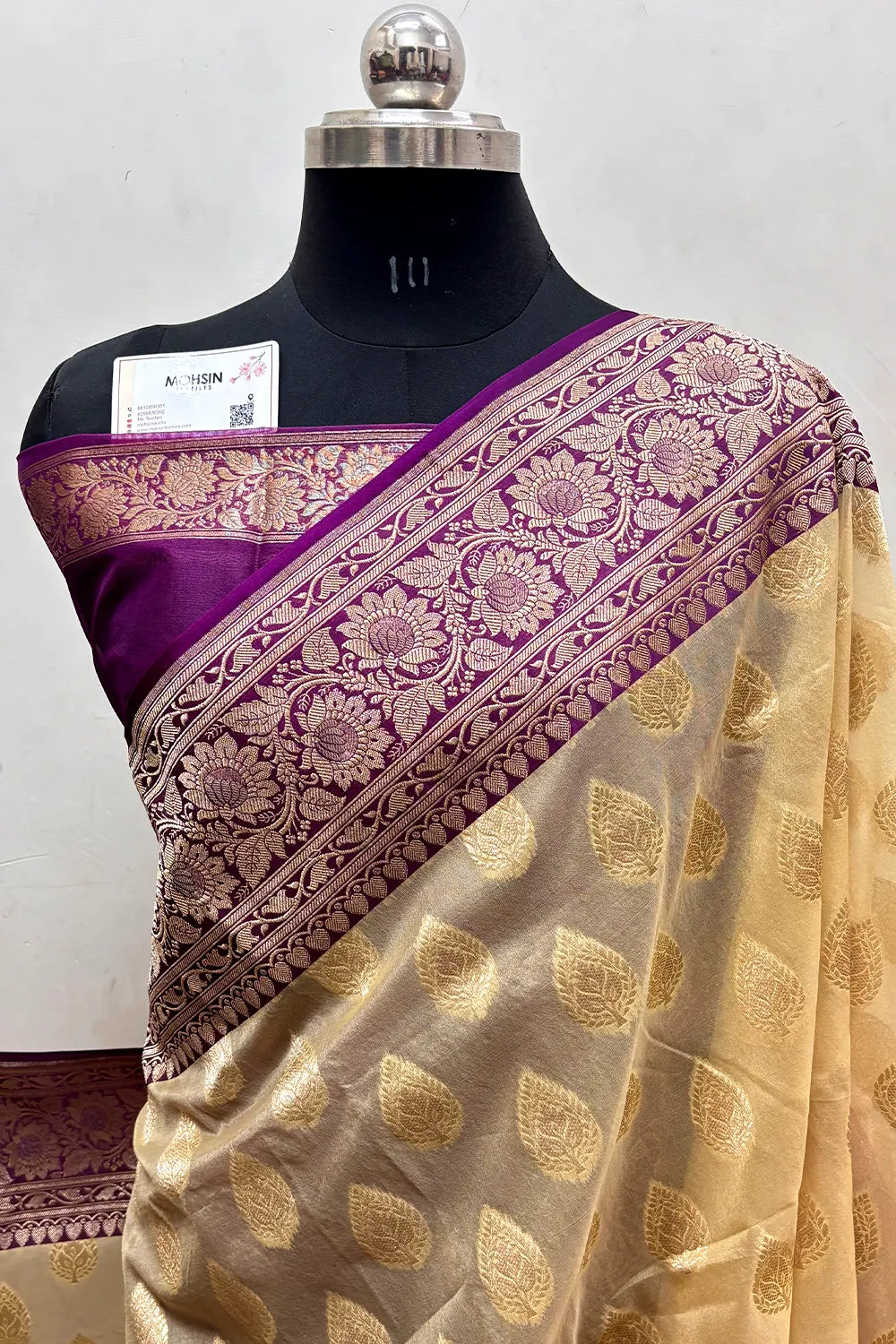Beige and Purple Organza Silk Banarasi Saree