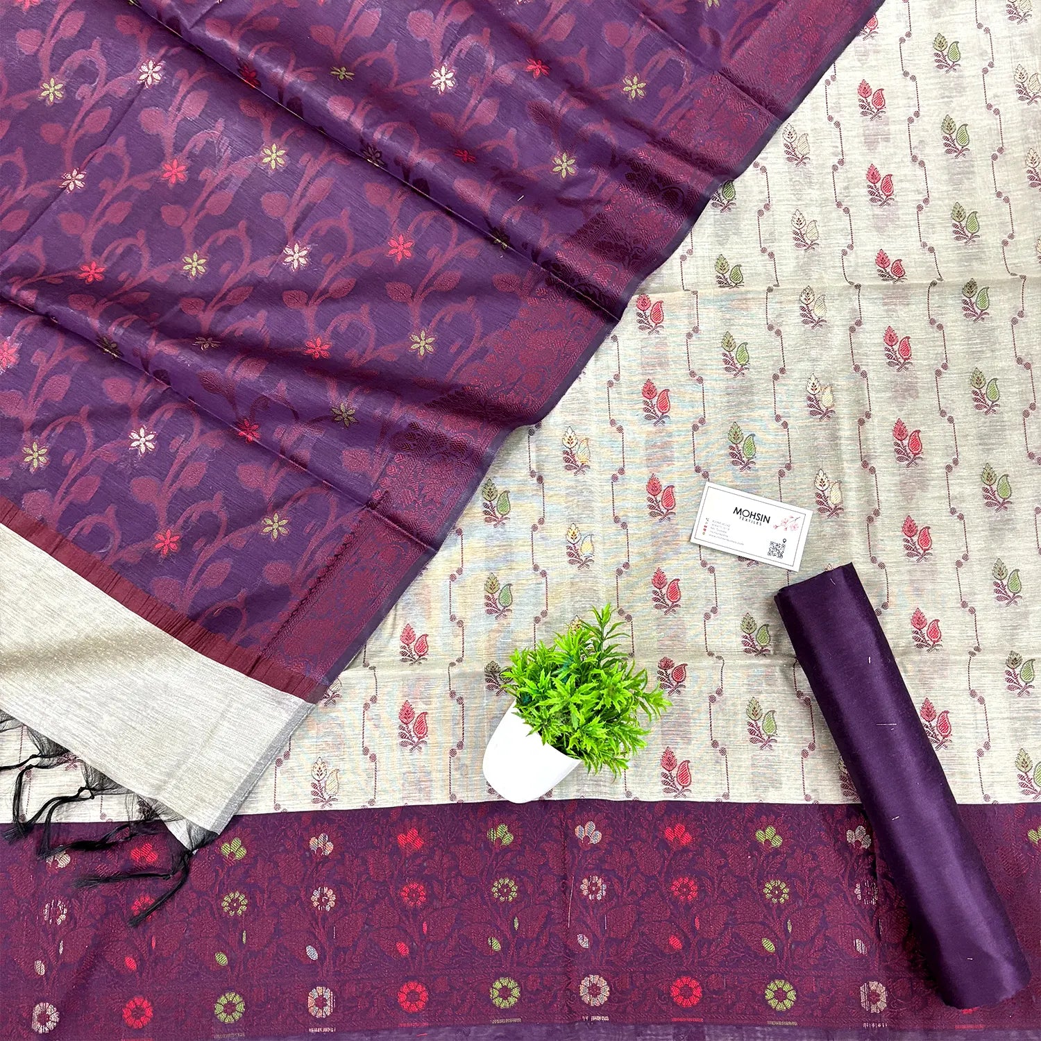 Beige and Purple Resham Banarasi Silk Suit