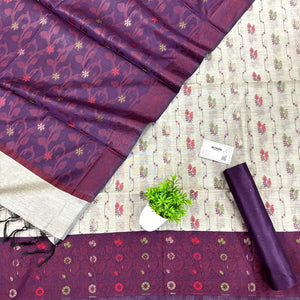 Beige and Purple Resham Banarasi Silk Suit