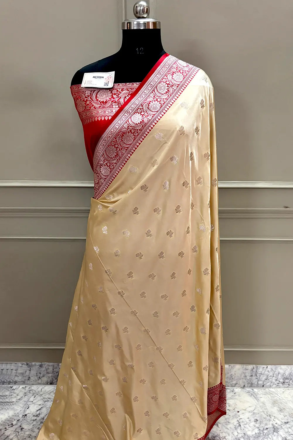 Beige and Red Chaman Buti Katan Silk Banarasi Saree