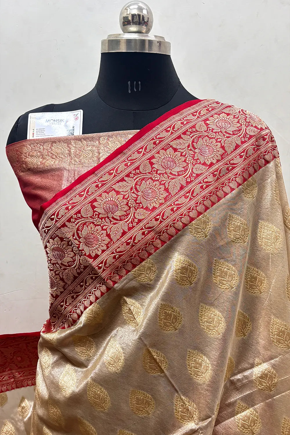 Beige and Red Organza Silk Banarasi Saree