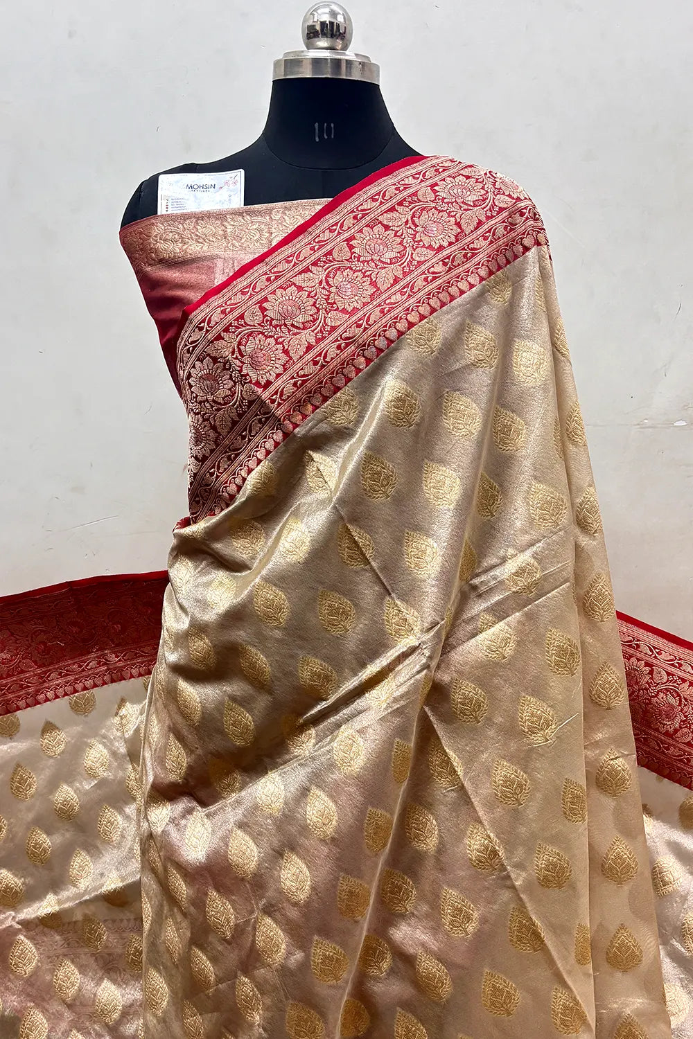 Beige and Red Organza Silk Banarasi Saree