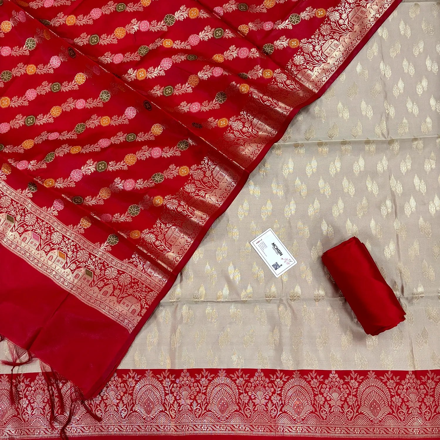 Beige and Red Persian Lau Banarasi Silk Suit